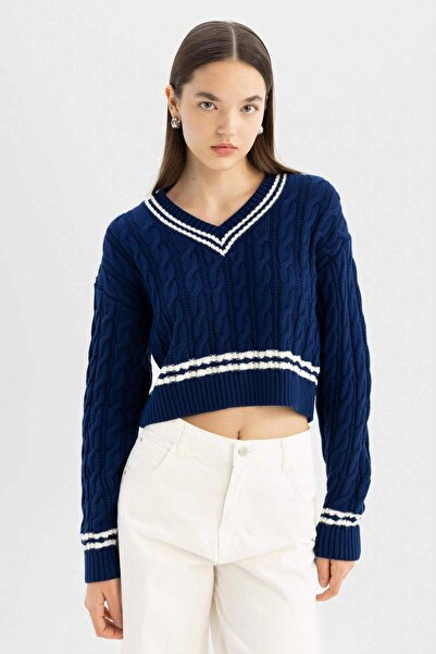 DeFacto Coool Regular Fit V-Neck Hair Braided Line Knitwear Sweater C7321Ax24Wn