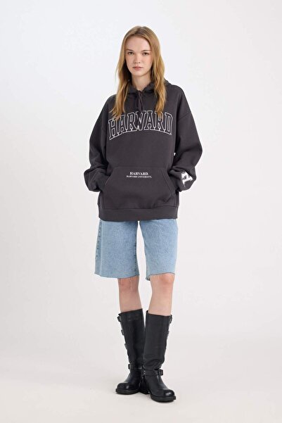 DeFacto Harvard University Oversize Wide Fit Hooded Pocket Thick Sweatshirt D7000Ax24Wn