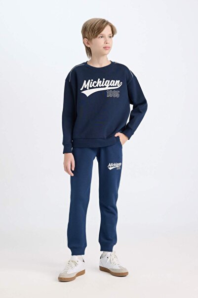 DeFacto Erkek Çocuk Lacivert Oversize Geniş Kalıp Bisiklet Yaka Baskılı Sweatshirt C9809A824WN