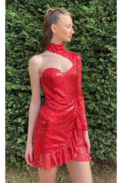 RAGIBESA Kırmızı Payetli Mini Kına Abiye Elbise