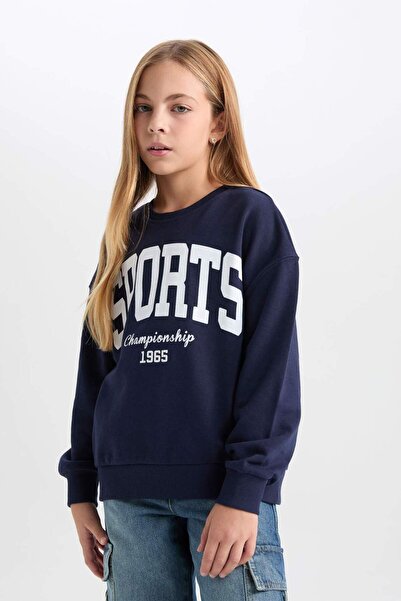DeFacto Kız Çocuk Relax Fit Bisiklet Yaka Baskılı Sweatshirt D6626A824AU