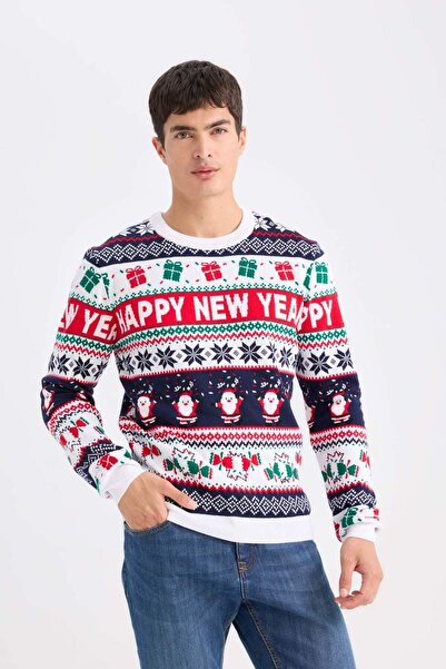 DeFacto Standard Fit New Year's Themed Crew Neck Sweater D5489Ax24Wn
