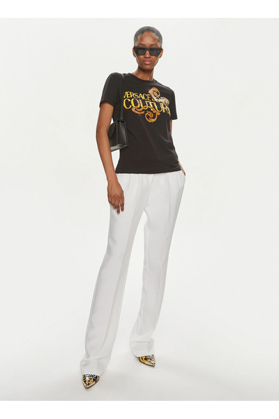 VERSACE JEANS COUTURE Yuvarlak Yaka Baskılı Beyaz Kadın T-Shirt 76HAHG00