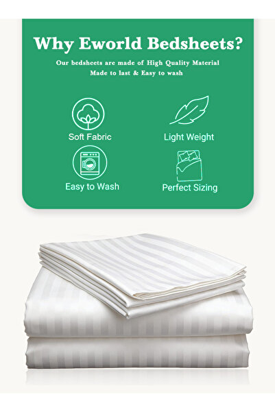 Eworld Luxury White Striped Cotton Bed Sheet Set – 3 Piece with Flat Sheet & 2 Pillowcases