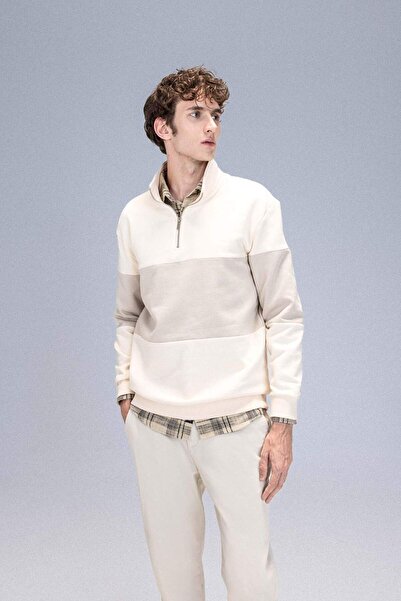 DeFacto Comfort Regular Fit Rahat Kalıp Dik Yaka Fermuarlı Çizgili Kalın Sweatshirt D2401AX24AU