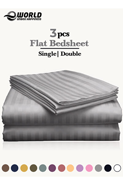 Eworld Luxury Grey Striped Cotton Bed Sheet Set – 3 Piece with Flat Sheet & 2 Pillowcases