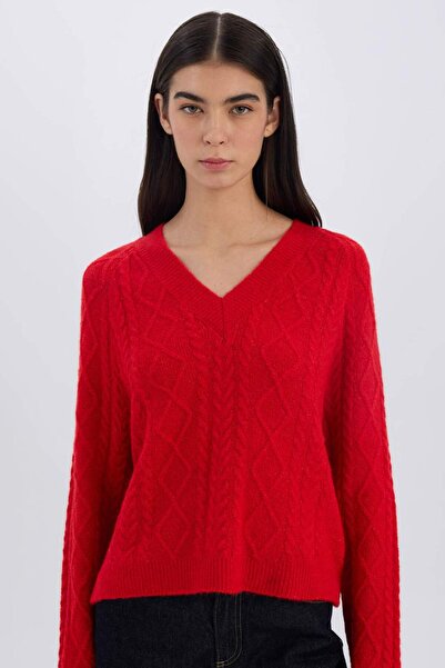 DeFacto Tricotaj cu împletitură de păr Relax Fit cu decolteu în V Pulover roșu C9060AX24WN