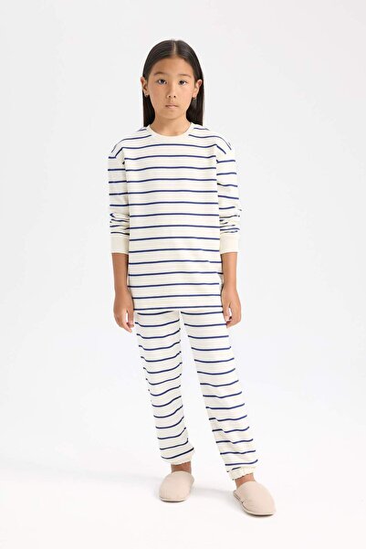 DeFacto Girl's Striped Pajama Set - Long Sleeve and Elastic Waist D7747A824Wn