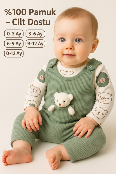 MYZİ STORE %100 Pamuk Cilt Dostu Bebek Tulum Seti – Ayıcık Cepli, İç Bodyli