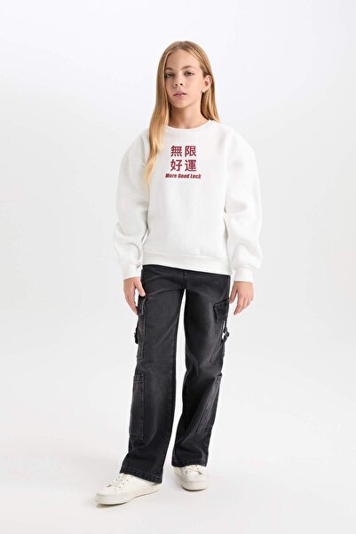 DeFacto Hanorac imprimat pentru fete Relax Fit Crew Neck D1564A824WN