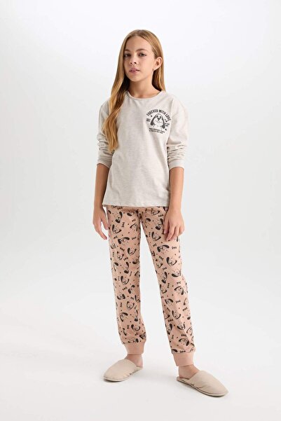 DeFacto Kız Çocuk Pijama Takım Baskılı Uzun Kollu Üst Desenli Beli Lastikli Uzun Alt D7744A824WN