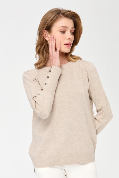 Desen Triko Γυναικεία μπλούζα με λαιμόκοψη χωρίς ραφές, κοντή μπροστά και μακριά πίσω, μπεζ