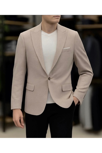 SAVARA Men's Slimfit Beige Jacket with Argyle Pattern Made of Stretchy Lycra Fabric