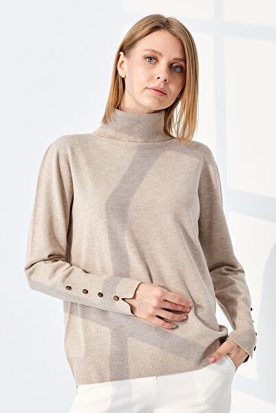Desen Triko Women's Full Turtleneck Slit Sleeve Sweater Beige