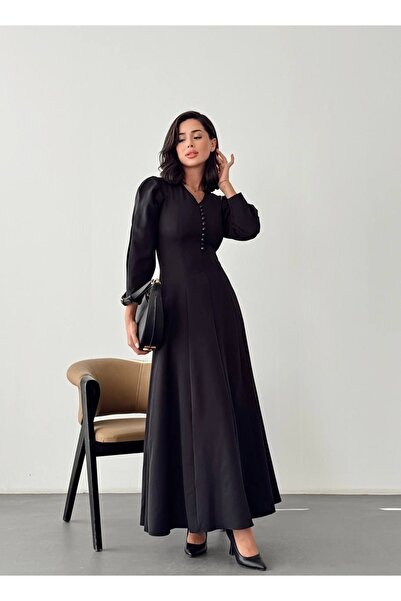 Nesil Γυναικείο φόρεμα με λαιμόκοψη σε σχήμα V με λεπτομέρεια με κουμπιά στο μπροστινό μέρος και μακρύ μήκος που εφαρμόζεται στη μέση, καθημερινό φόρεμα για ειδικές περιστάσεις