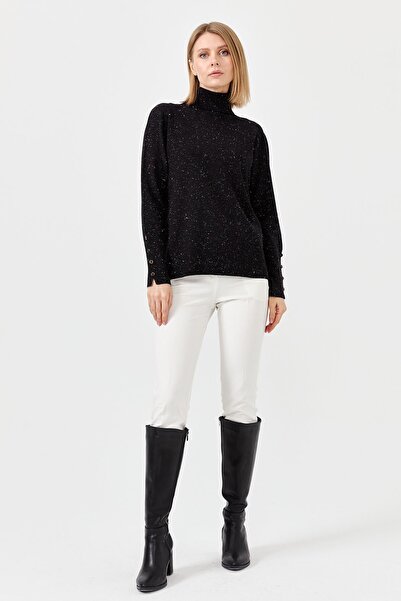 Desen Triko Pulover de damă cu mânecă ruptă, negru