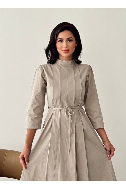 Nesil Women's Pleated Detailed Long Length Belted Special Occasion Casual Dress