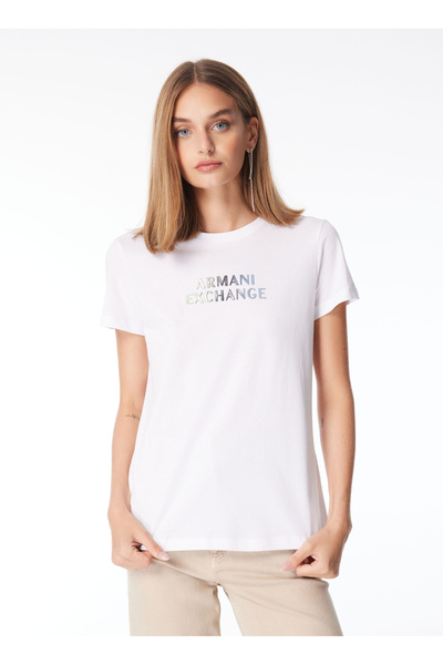 Armani Exchange Bisiklet Yaka Baskılı Beyaz Kadın T-Shirt 3DYT14