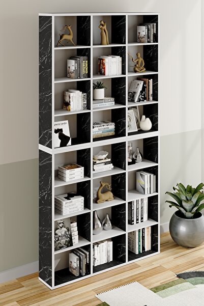 AEKA AE-1079 İmre Siyah Mermer 24 Raflı Kitaplık Kütüphane Ayarlanabilir Raf Geniş Çocuk Odası