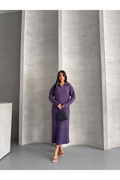 Lovely butik فستان نسائي طويل من التريكو بسحاب نصف مفتوح