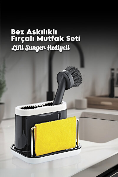 grimorlife Fırçalı Telli Mutfak Seti Siyah- Standlı Plastik Mutfak Lifli Süng...