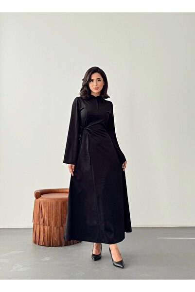 Nesil Kadife Yandan Bağlamalı Yarım Pat Düğmeli Özel Gün Günlük Uzun Boy Kadın Elbise