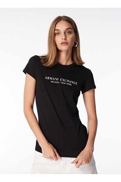 Armani Exchange Bisiklet Yaka Baskılı Siyah Kadın T-Shirt 8NYTAB