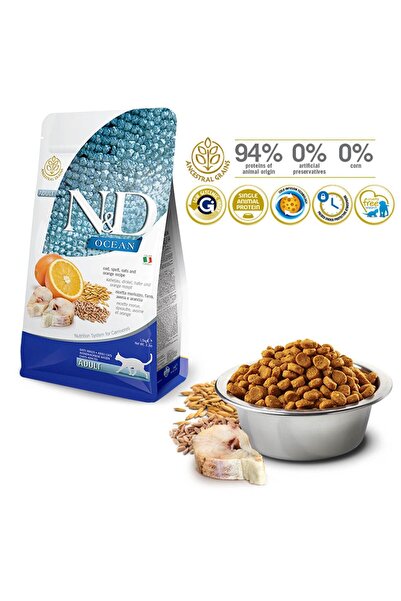 N&D Ocean Az Tahıllı Morina Balıklı&Portakallı Yetişkin Kedi Maması 1,5 Kg