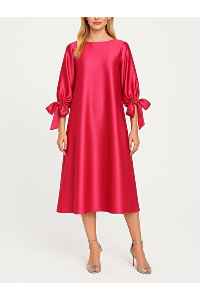 MERT ERKAN Oversized Midi Stylish Satin Dress with Sleeve Mouth Tie Detail