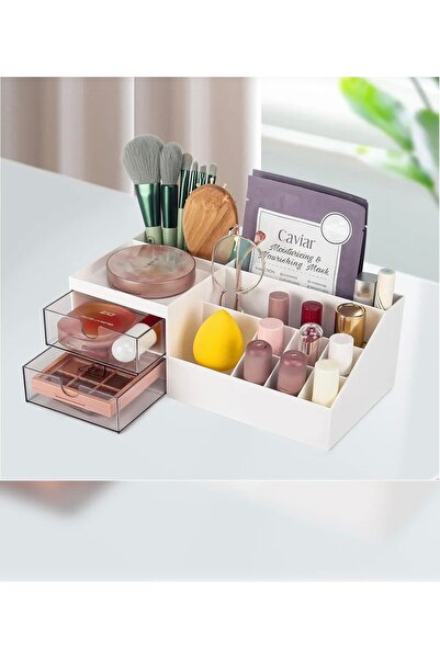 origa منظم مكتب بثلاث طبقات ودُرجين لتنظيم المكياج والمجوهرات / صندوق ترتيب سطح المكتب لمستحضرات التجميل