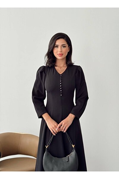 Nesil Γυναικείο φόρεμα με λαιμόκοψη σε σχήμα V με λεπτομέρεια με κουμπιά στο μπροστινό μέρος και μακρύ μήκος που εφαρμόζεται στη μέση, καθημερινό φόρεμα για ειδικές περιστάσεις