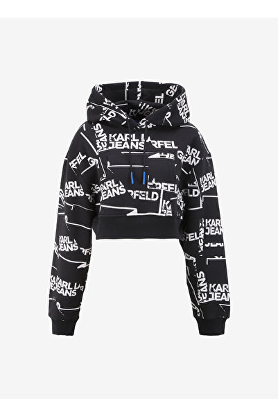 Karl Lagerfeld Jeans Kapüşon Yaka Baskılı Siyah - Beyaz Kadın Sweatshırt 240J1805