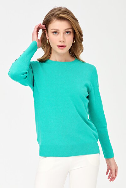 Desen Triko Women's Crew Neck Seamless Short Front Long Back Blouse S.Green