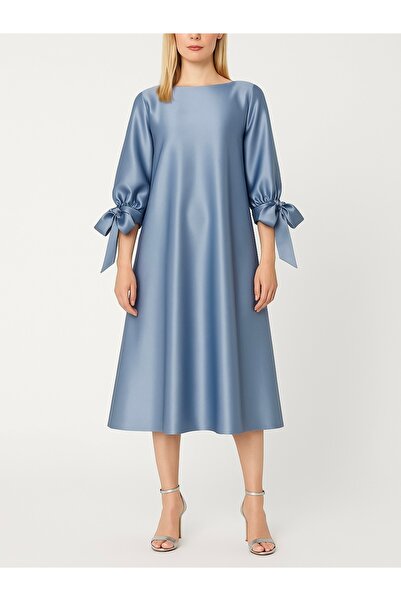 MERT ERKAN Oversized Midi Stylish Satin Dress with Sleeve Mouth Tie Detail