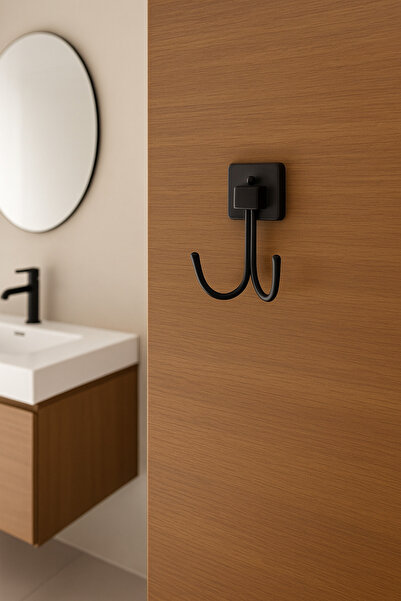Kancalı Siyah Banyo Askısı Havluluk