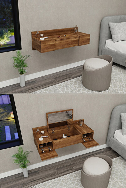 ARNETTİ Zakkum 2 Raflı Aynalı Makyaj Masası Tuvalet Masası, Ceviz - Zakkum