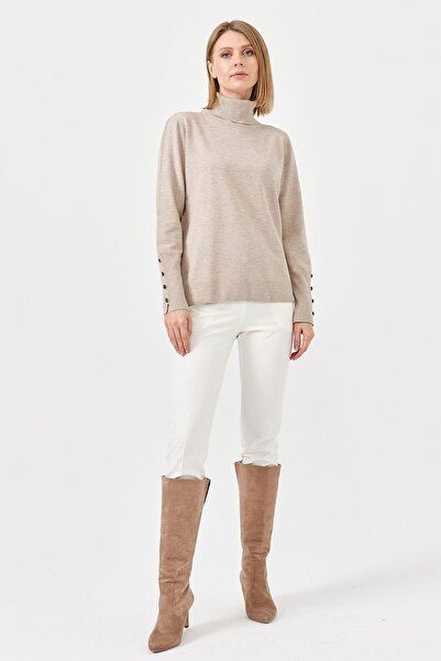 Desen Triko Women's Full Turtleneck Slit Sleeve Sweater Beige