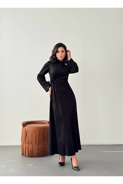 Nesil Kadife Yandan Bağlamalı Yarım Pat Düğmeli Özel Gün Günlük Uzun Boy Kadın Elbise