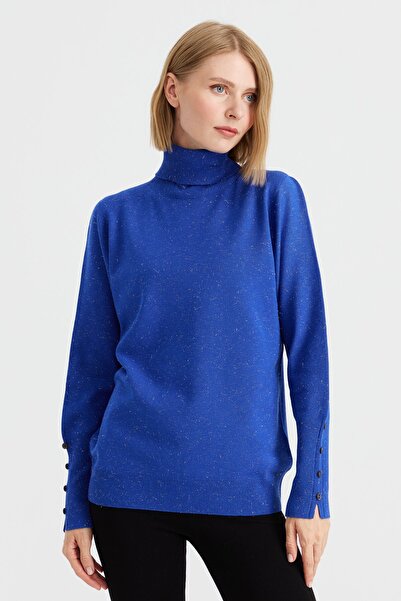 Desen Triko Pulover de damă cu mâneci cu fante cu gât rotic S.Albastru