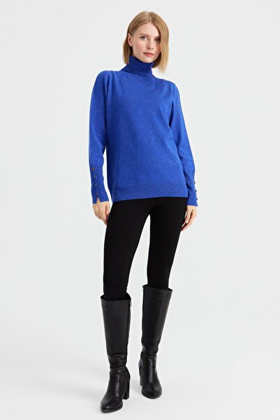 Desen Triko Pulover de damă cu mâneci cu fante cu gât rotic S.Albastru