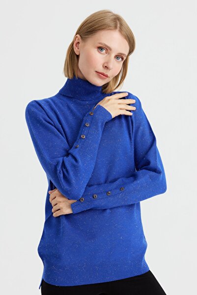 Desen Triko Pulover de damă cu mâneci cu fante cu gât rotic S.Albastru