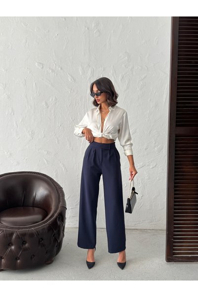 Canbeg Tekstil Women's Palazzo Double Fabric Velcro Closure Zippered Pocket Trousers