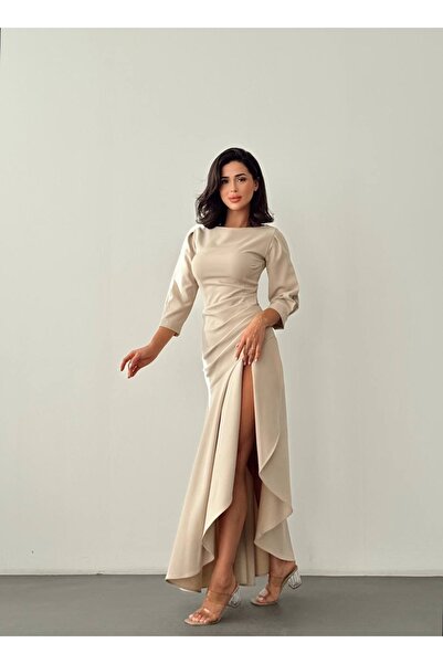 Nesil Slit Skirt Ruffled Long Length Special Occasion Wedding Engagement Graduation Women Dress