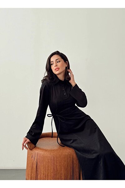 Nesil Kadife Yandan Bağlamalı Yarım Pat Düğmeli Özel Gün Günlük Uzun Boy Kadın Elbise