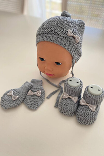 Çt Çeyizci Tekstil Baby 3-Piece Booties Hat Glove Set - Gray