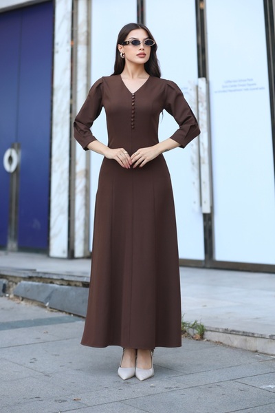 Nesil V Yaka Önü Düğme Detaylı Belden Oturan Uzun Boy Günlük Özel Gün Kadın Elbise