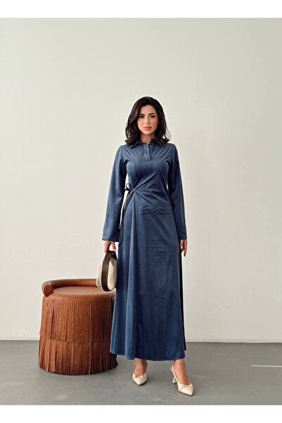 Nesil Kadife Yandan Bağlamalı Yarım Pat Düğmeli Özel Gün Günlük Uzun Boy Kadın Elbise