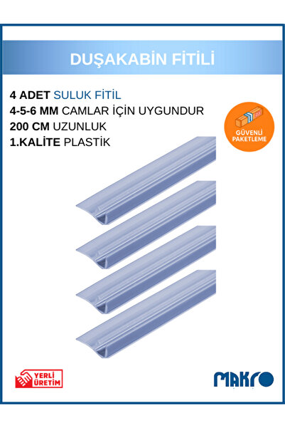 GLASSMAKRO 4 Adet Duşakabin Yan Suluk F Fitil 200 Cm 4-5-6 Mm