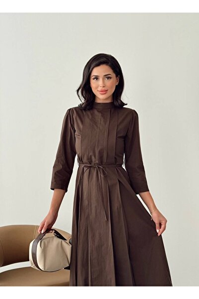 Nesil Дамска рокля с дълъг ръкав, колан и детайли от плат, подходяща за специални поводи и за ежедневно носене