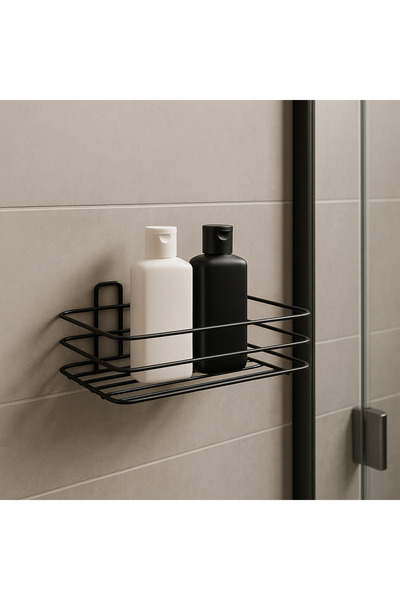 Yapışkanlı Siyah Metal Banyo Rafı – Şampuanlık ve Duş Organizeri